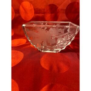 1989 FTDA Crystal Decorative Vase Candy Dish Bowl W. Germany etch leaf iris EUC